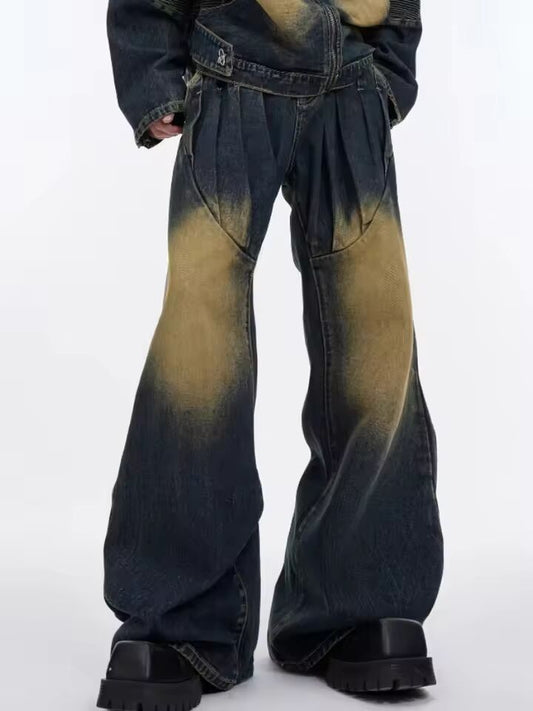 2025 Punk Y2K Style Vintage Blue Pleated Design Baggy Jeans Pants For Men Clothing Straight Luxury Denim Trousers Pantalon Homme
