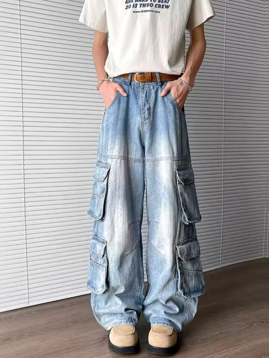 2025 Trashy Y2K 2000S Washed Blue Baggy Cargo Jeans Pants For Men 90S Vintage Clothes Multi Pockets Denim Trousers Ropa Hombre