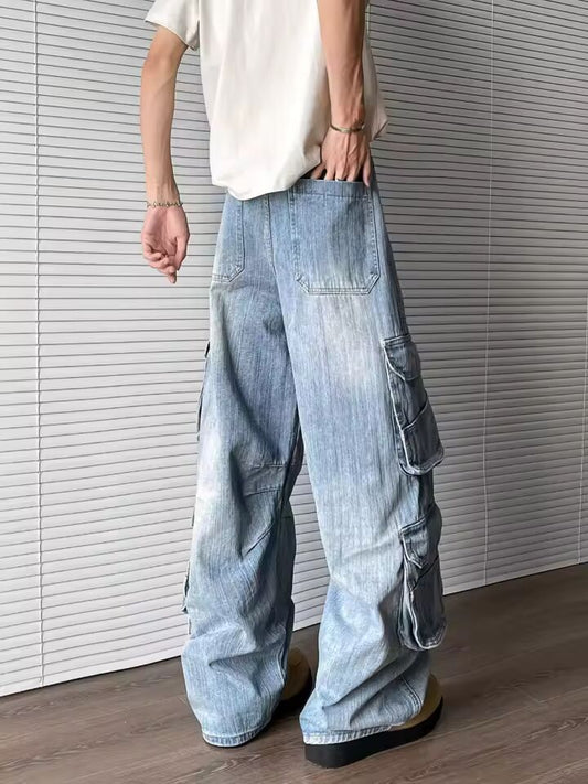 2025 Trashy Y2K 2000S Washed Blue Baggy Cargo Jeans Pants For Men 90S Vintage Clothes Multi Pockets Denim Trousers Ropa Hombre