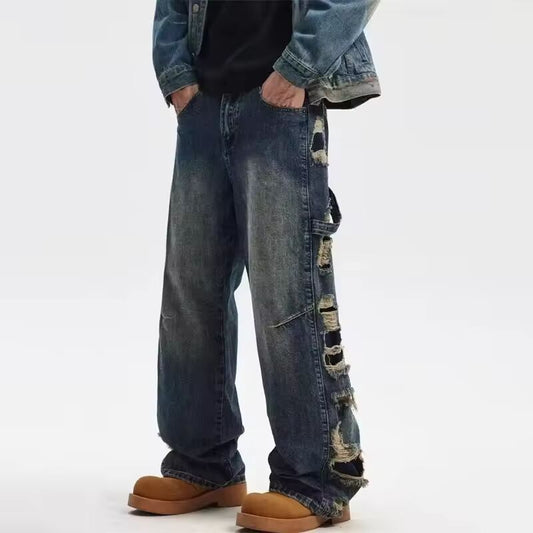 Spring Men's Ripped Wide-leg Distressed Jeans 2025 New Hip Hop Skateboard Denim Pants Y2K Vintage Streetwear Jean Trousers