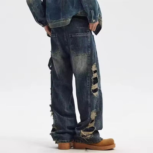 Spring Men's Ripped Wide-leg Distressed Jeans 2025 New Hip Hop Skateboard Denim Pants Y2K Vintage Streetwear Jean Trousers