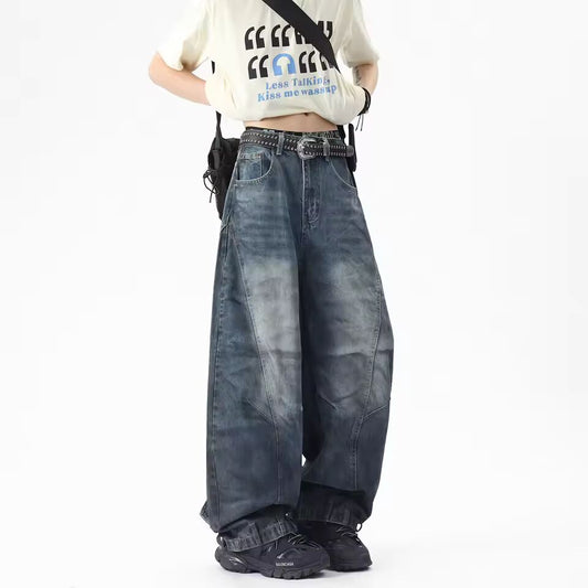 Men Unique Patchwork Washed Vintage Retro Loose Fit Baggy Jeans Fashion Denim Casual Street Style Distressed Trendy Comfort