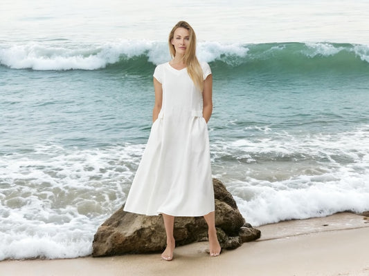 Relaxed Fit Summer Linen Sundress - Soft Womens Flax Dress with Sleeves & Pockets